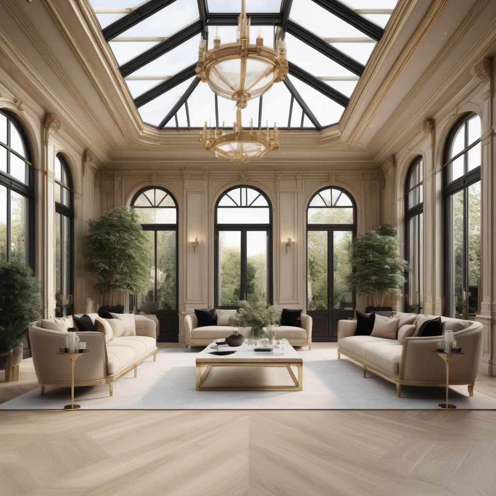 A hyperrealistic image of a luxurious, grand  modern Parisian conservatory in a beige oak brass colour palette with accents of black , with coffered ceiling, floor to ceiling windows
