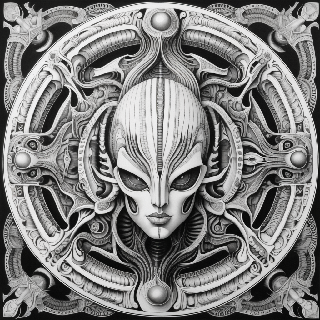 adult coloring book, black & white, clear lines, detailed, symmetrical mandala, in style of H.R Giger