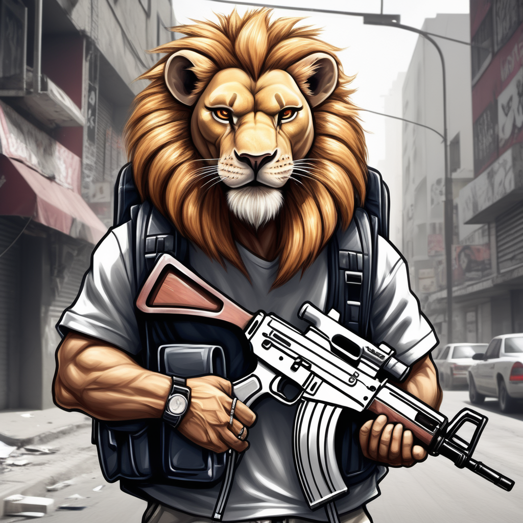 draw a street gangster lion wearing a backpack while holding an ak 47