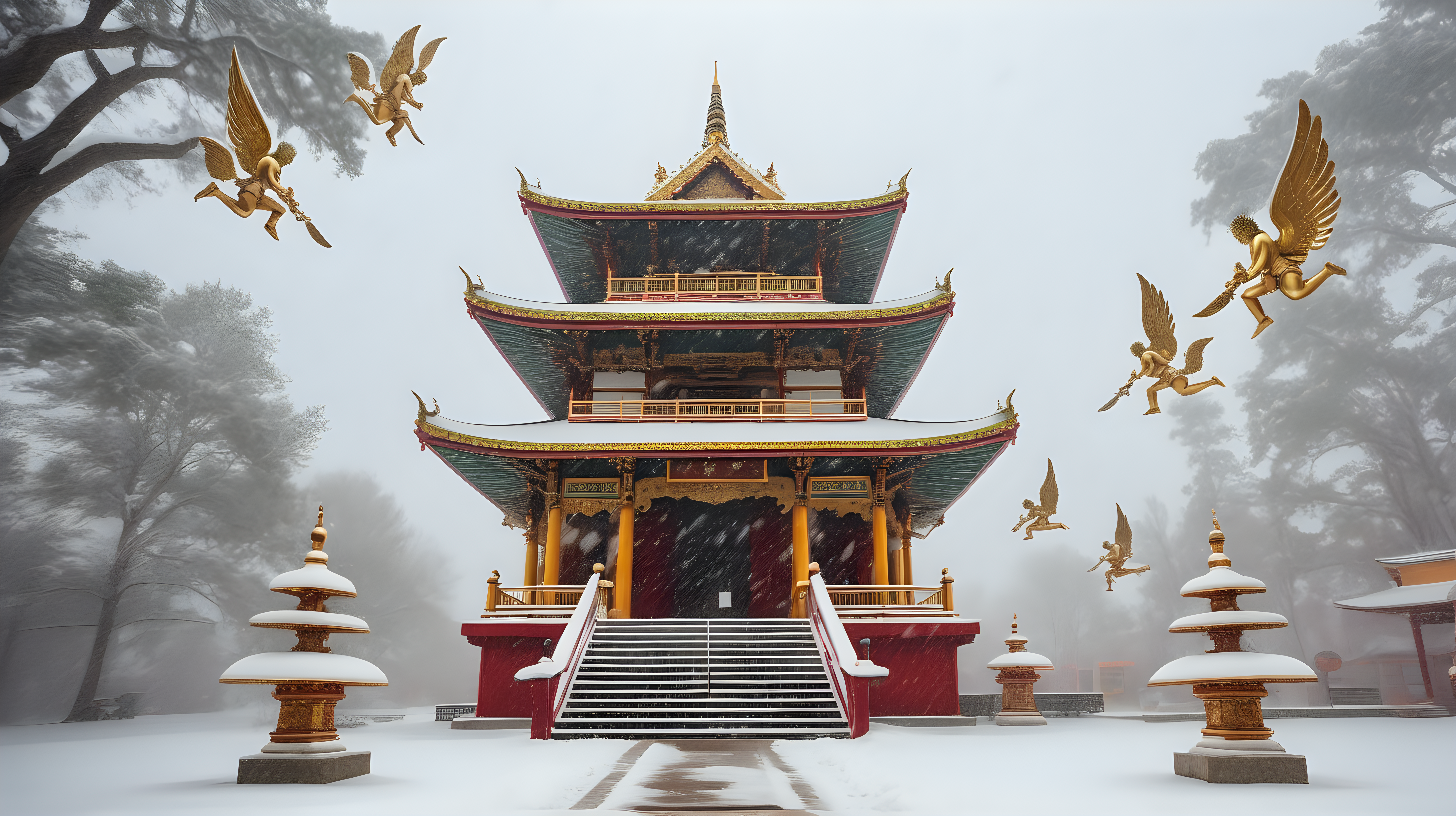 Buddhist temple in winter snow storm with 3