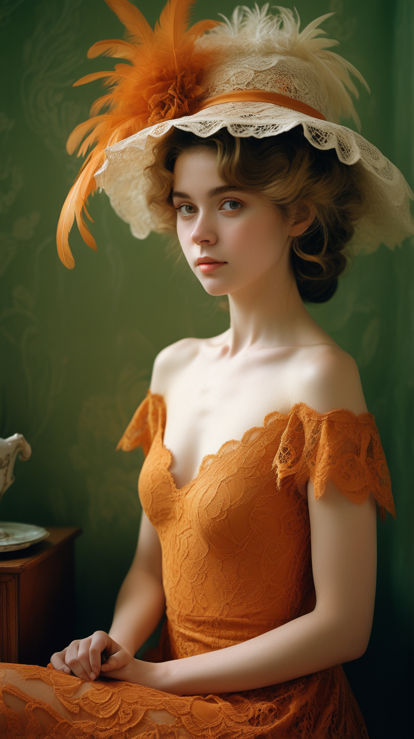 <lora:FilmVelvia3:0. 6>, masterpiece, best quality, 1girl, solo, sexy pose, pensive woman, intricate lace, feathered hat, curled hairdo, pale skin, minimal makeup, tender smile, dainty neckline, nostalgic atmosphere, still life, semi naked, cinematic shot, orange green golden dress