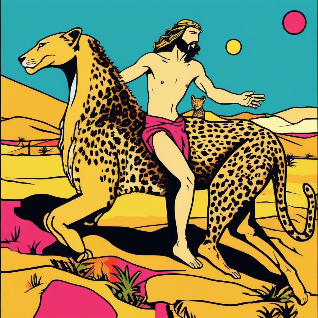 (naked)++ jesus riding a cheetah in the desert in the style of (pop art)+