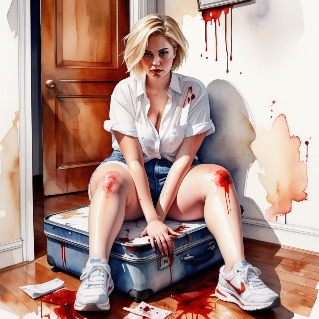 sexy curvy blonde woman, short hair, wide hips and big ass, white shirt, denim shorts and sneakers on her feet, with a knife in her blood-stained hand, sitting with her legs open on top of a large suitcase lying on the floor of a living room in a house, image based in watercolor paint.