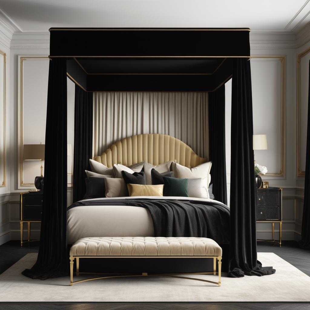 a hyperrealistic image of a velvet modern Parisian  king bed with canopy in black, beige and brass 
