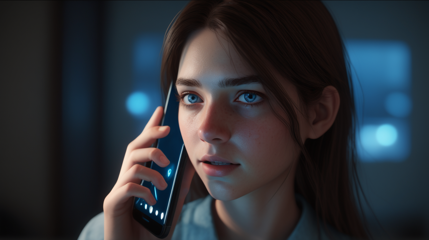 /imagine prompt: realistic, personality: [Illustrate a close-up shot of the protagonist's phone screen displaying an incoming call from Jenny. The screen emits a soft blue glow, casting a faint light on the protagonist's apprehensive expression. The camera captures the moment of realization and concern] unreal engine, hyper real --q 2 --v 5.2 --ar 16:9