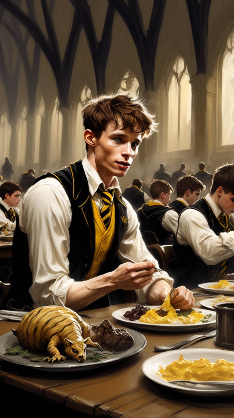 Create a dark fantasy art illustration,  frank frazetta style, of Eddie Redmayne, as a Hogwarts Hufflepuff student eating at dining hall, with other students.