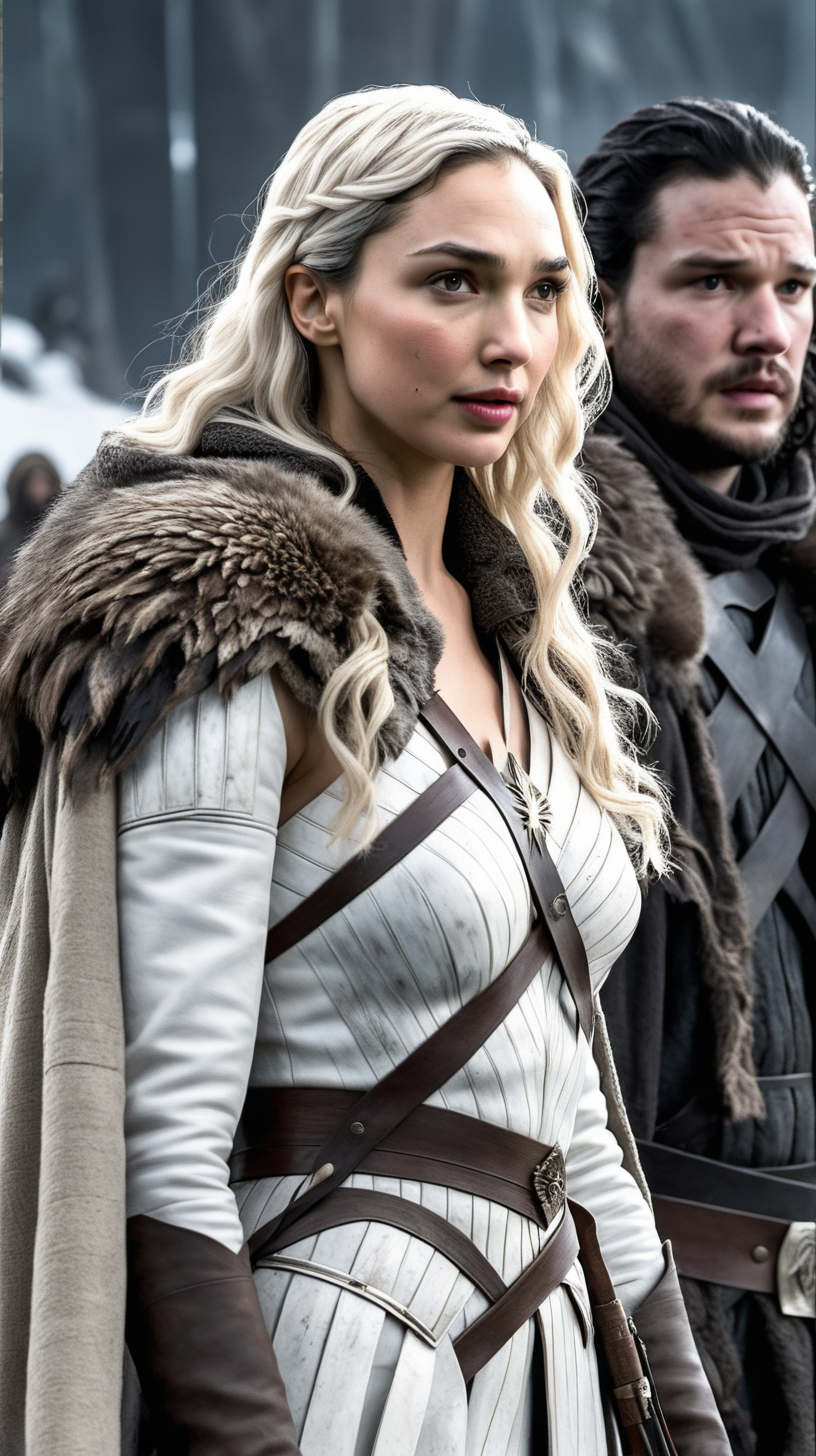 Gal Gadot, with waist-length white-blonde hair standing with Jon Snow