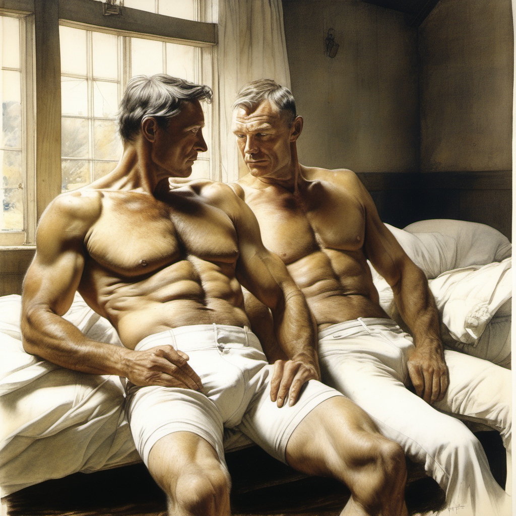 a drawing by Andrew Wyeth of 2 extremely handsome semi naked mature muscular men wearing a pair of white briefs 1950 style, sitting on a bed in a farm house,  involved with each other.