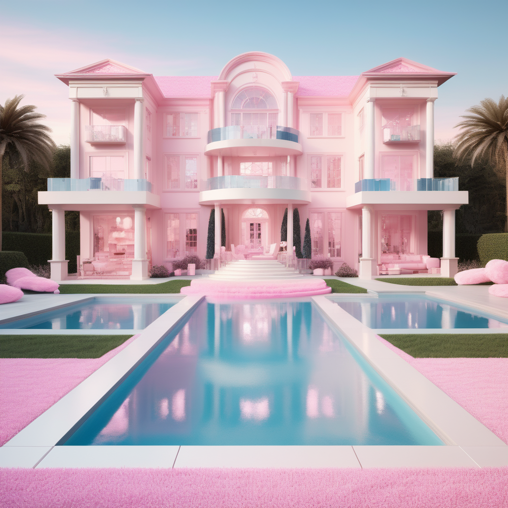 hyperrealistic image of a modern Barbie inspired mansion; soft pink, ivory; sparkling blue pool
