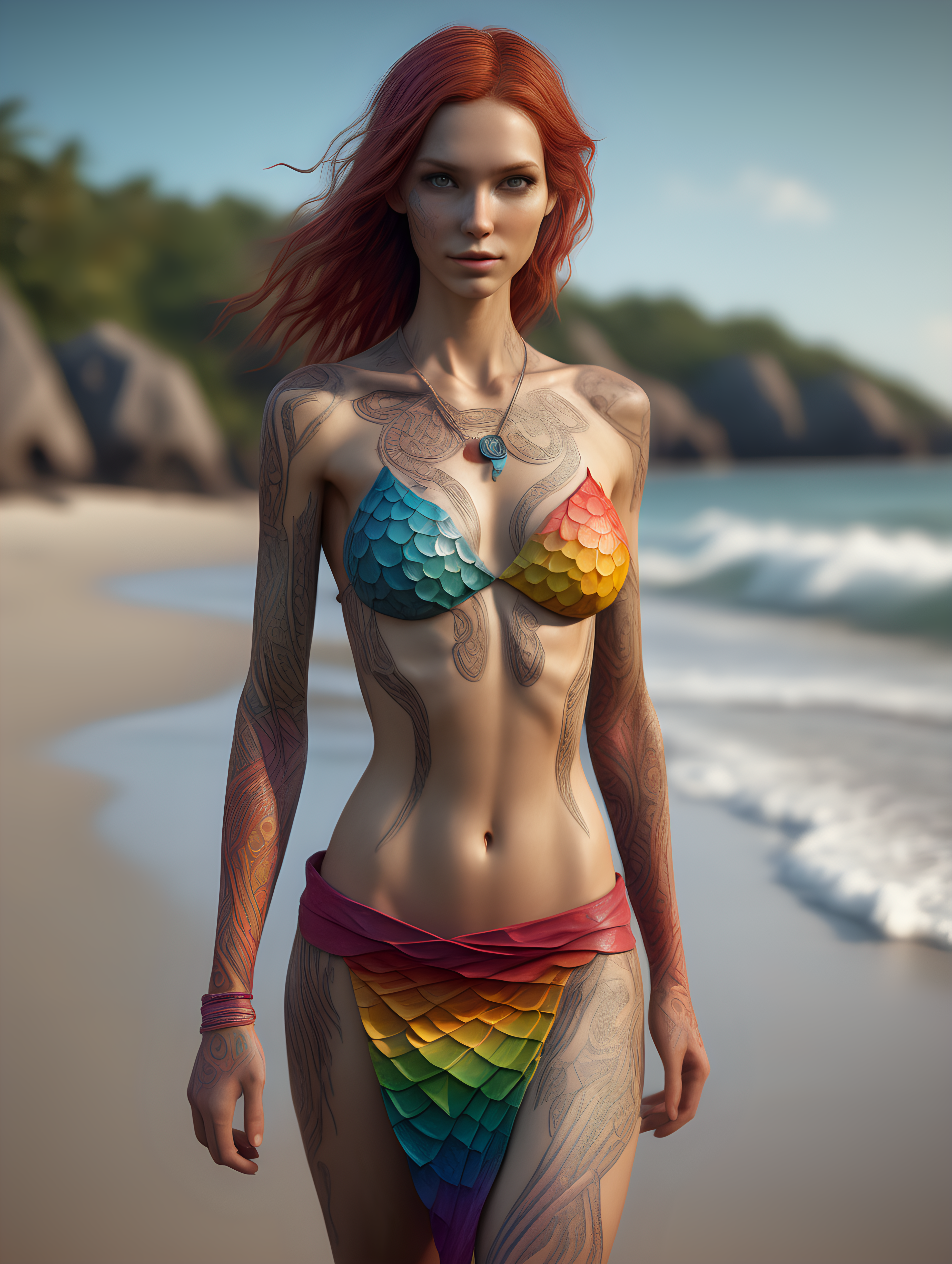 ultra-realistic high resolution and highly detailed photo of a slender female human, draconic runes carved into her skin, scales growing on her arms and body, wearing a colourful bikini top and loose skirt, walking on a beach facing the camera