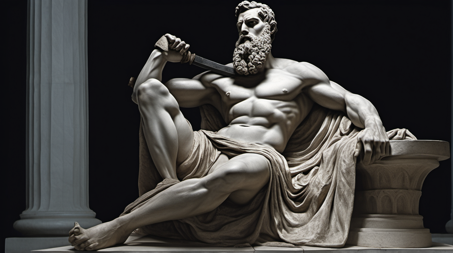 ﻿
Image of a full-body statue depicting a muscular, bearded man sitting near sword. The statue should be in the style of ancient Greek art, characteristic of Stoicism. It should feature clothing elegantly draped over one shoulder. The background should be dark, highlighting the statue as the central element. The statue must demonstrate exceptional
craftsmanship, with intricate details visible in the facial features and attire. The image should have a dramatic feel, achieved through the interplay of light and shadow. The perspective should be a wide shot.