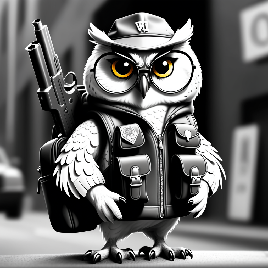draw a street gangster owl wearing a backpack while holding a 9mm in black and white