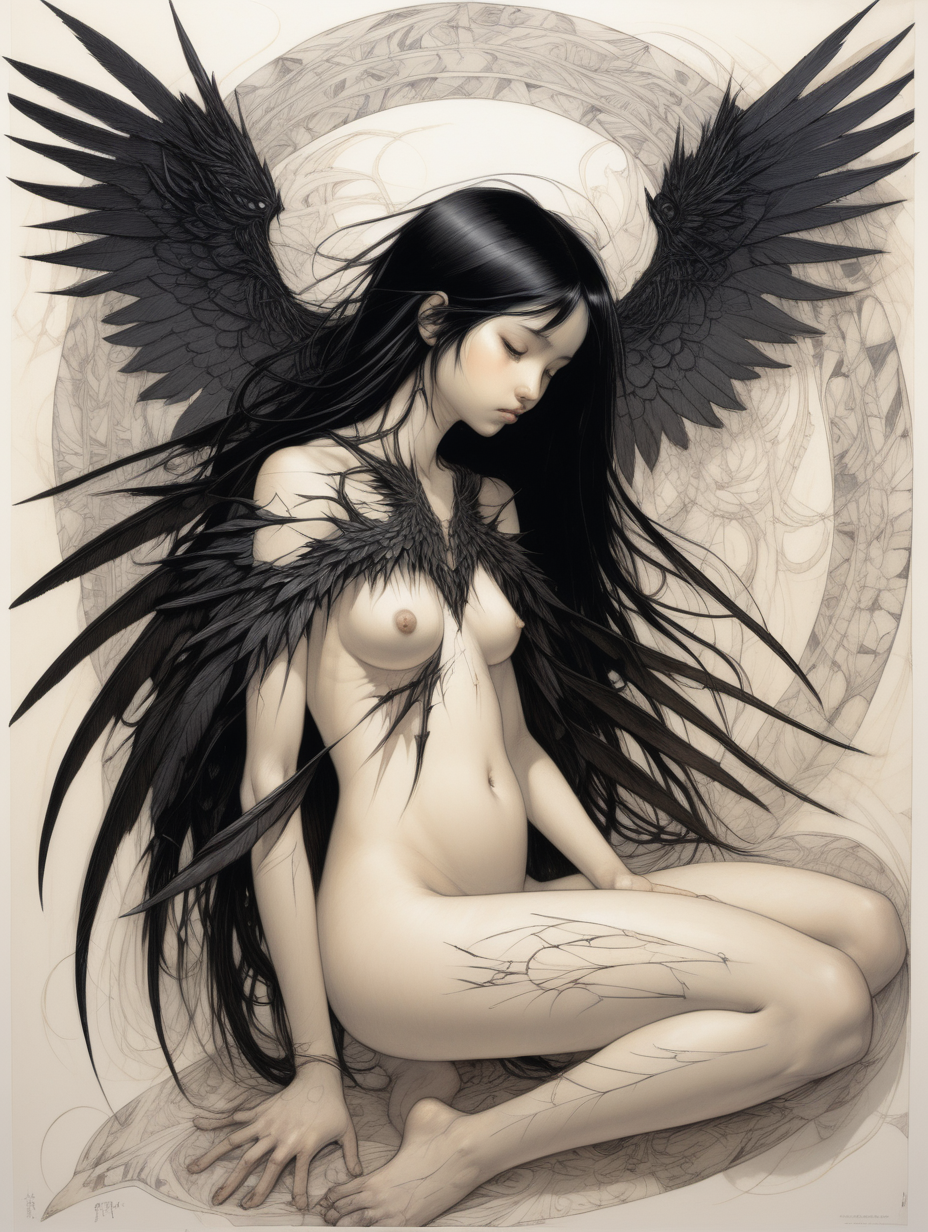 El estilo artístico del dibujo es una mezcla de Miguel Angel y Amano. Hay una chica que tiene alas de cuervo que la cubren , ella está en posición fetal. Al rededor del marco se aprecia unas espinas en forma de tribal. La chica tiene el pelo negro , es pálida y está desnuda  
