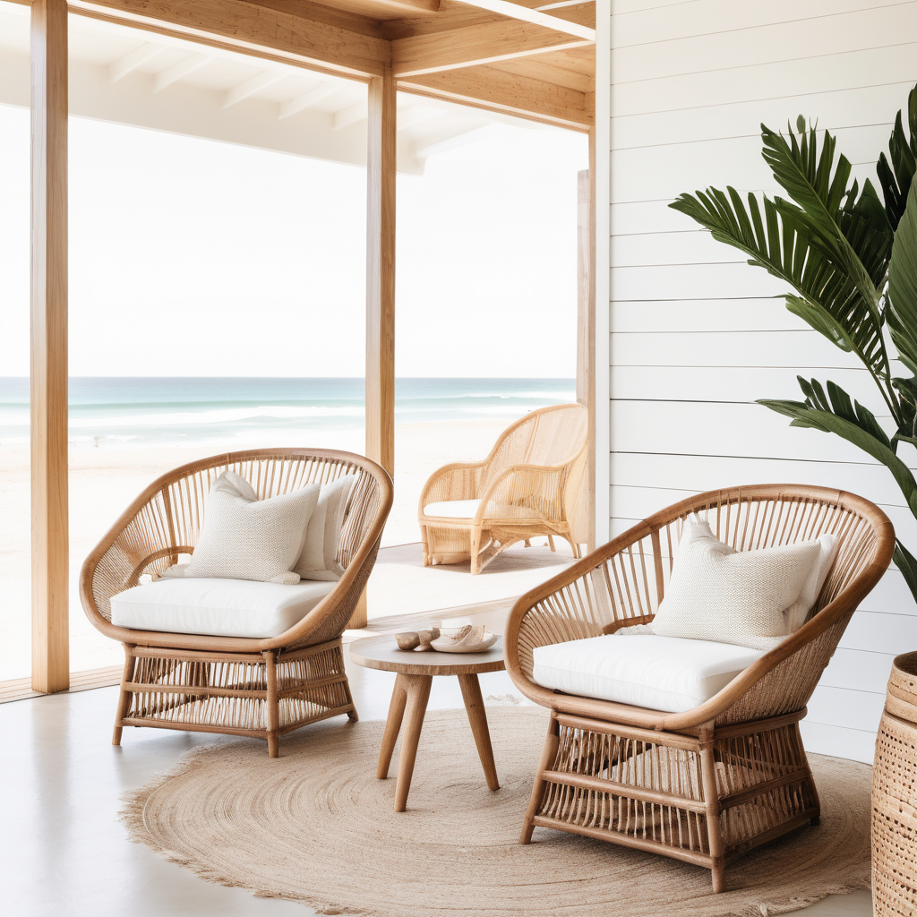 cane and timber casual chair with white cushions at boho beach house