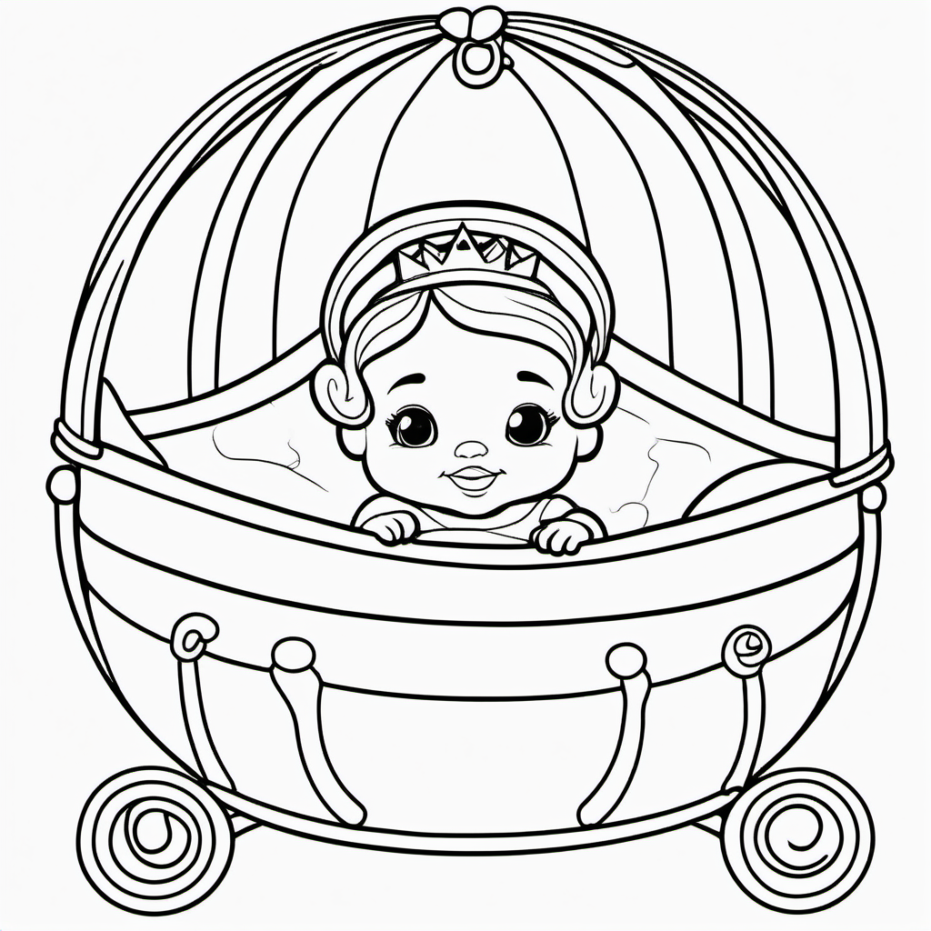 coloring pages for kids, baby princess in a basinet  , cartoon style, thick lines, low detail, no shading, black and white, no background
