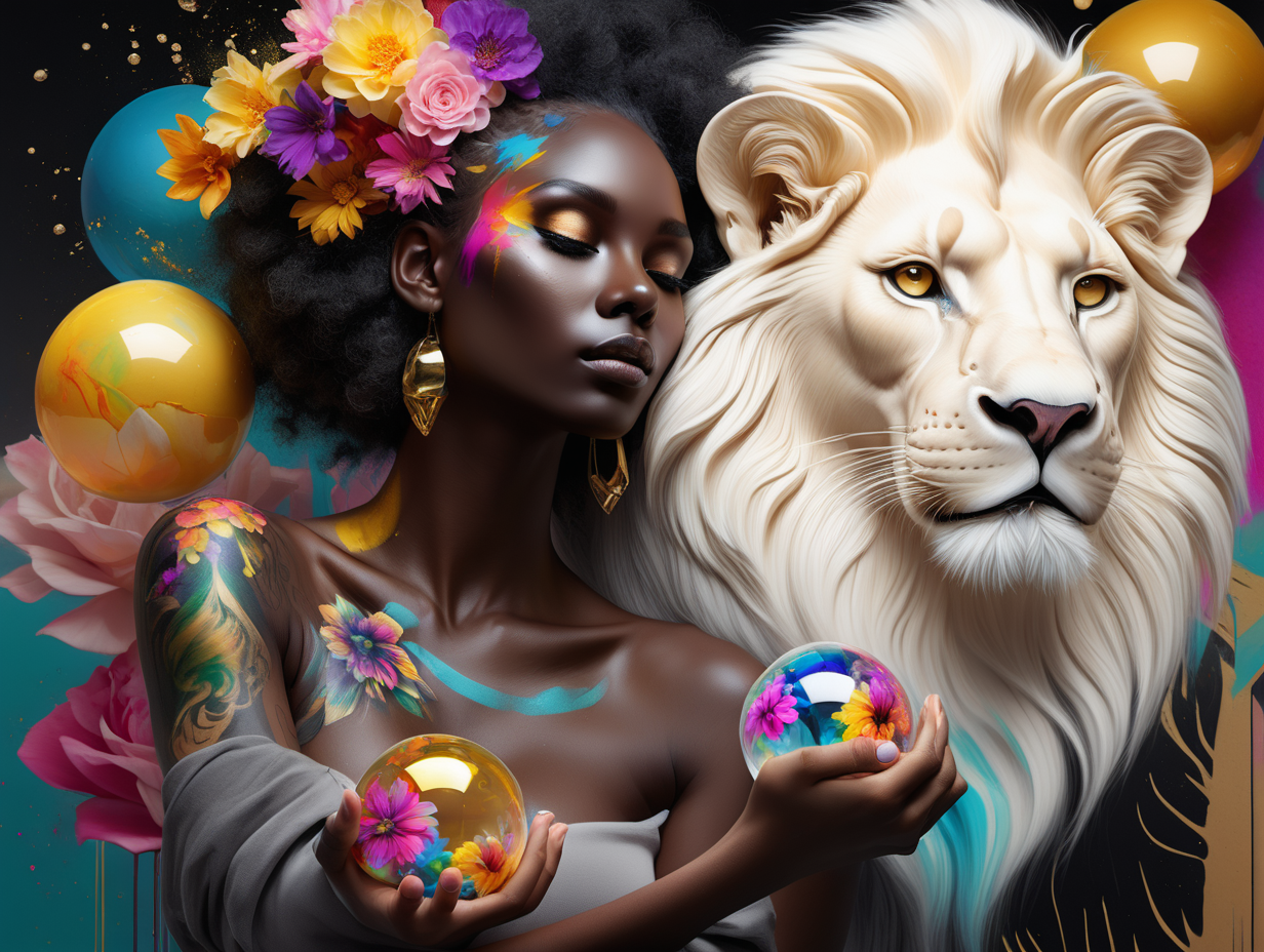 abstract exotic black Model with soft colorful flowers the colors leak into her hair. 
 add She is holding a toy top in gold
she is looking at realistic white 
lion
 8 crystal balls floating in the air
add tattoos on her arms and shoulder