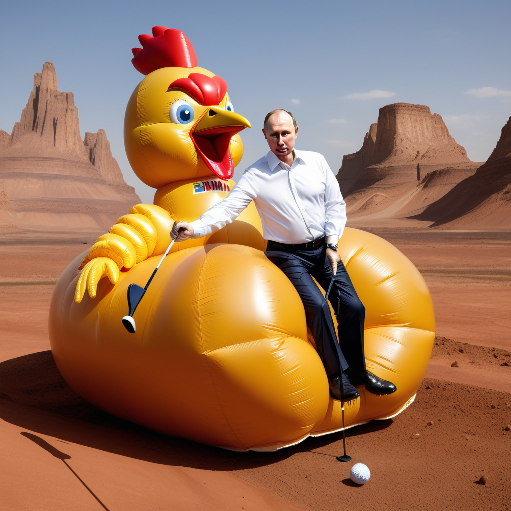 Vladimir Poutine qui fait du golf sur un château gonflable sur la planète mars. Vladimir est déguisé en poulet.