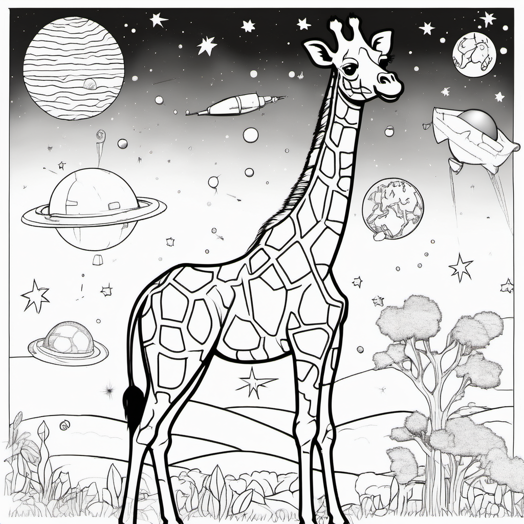 /imagine colouring page for kids, Giraffe Cosmic Adventure, spaceship exploring a colourful galaxy, thick lines, low details, no shading --ar 9:11