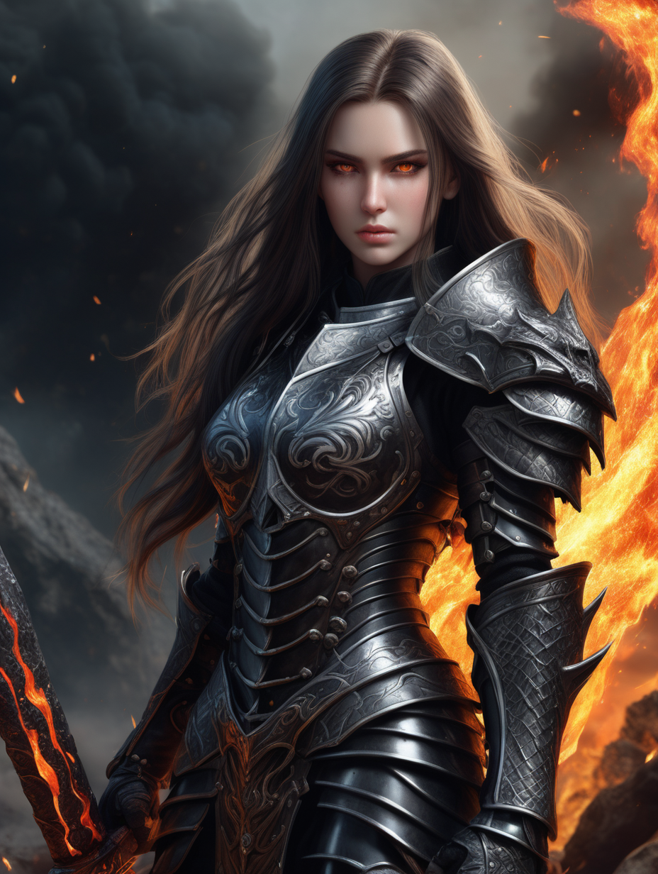 Realistic women with black scary armor, Holding fire Sword, human face, long hair, perfectly detailed on dragon armors, Super detail face, high details on face, realistic face, character highly detailed, character sheets, Detailed, sharp focus, Super detailed full body, 32k resolution, Only a reality graphic, epic background, epic pose, horror, high resolution, Resonance, fire and ash background --niji --ar 9:16