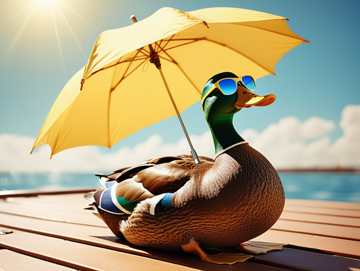 /imagine a duck wearing sunglasses lying down on a sundeck with an umbrella facing the sun on a warm sunny windy day in 1960s retro style  --color yellow brown blue --niji 5 --style default   --v 5.2