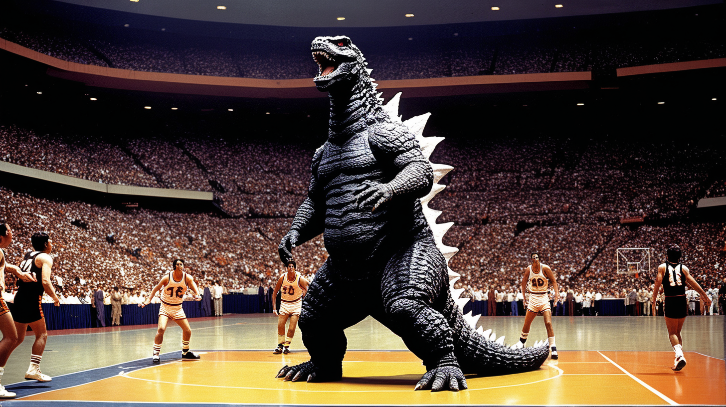 Godzilla playing basketball in the Astrodome