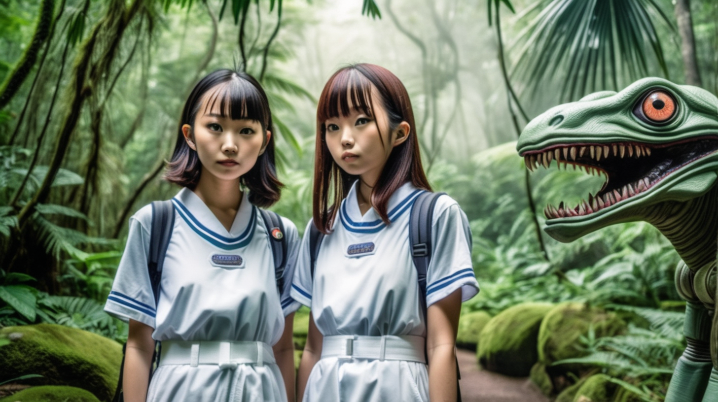 a pair of  japanese girls on a trip to a freaky alien wildlife preserve in the rainforest