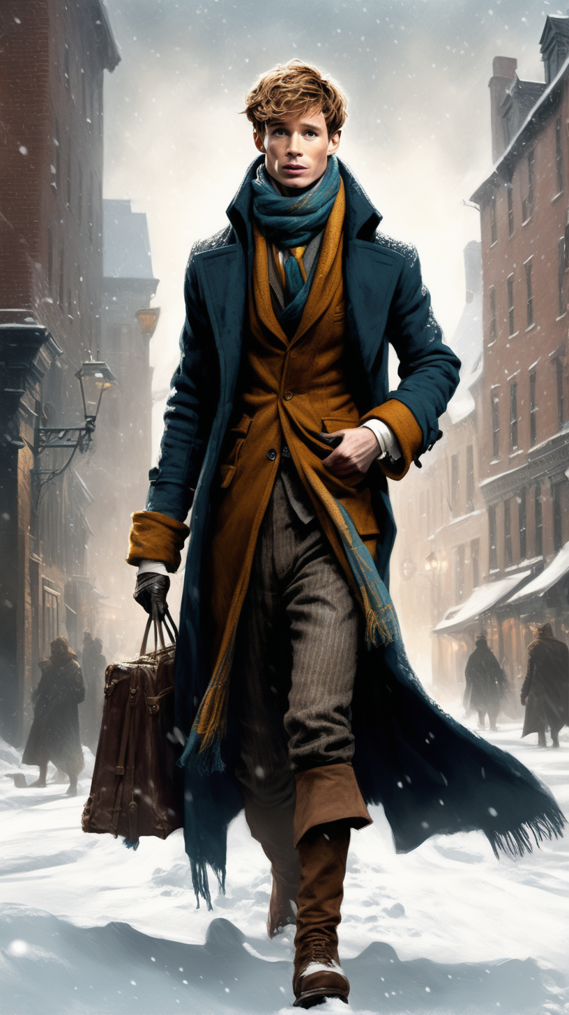 Create a dark fantasy art illustration,  frank frazetta style, of Eddie Redmayne as Newt Scamander, wearing a scarf, in snowy town. 