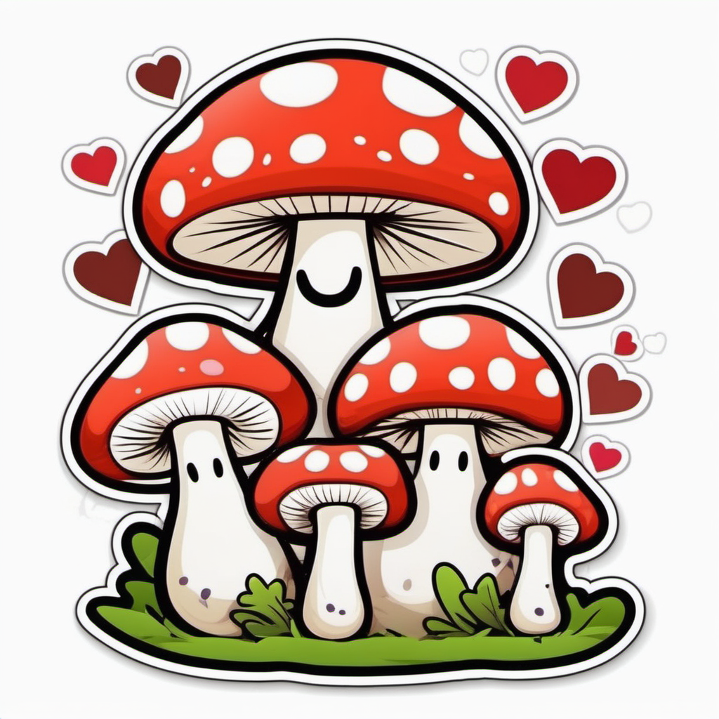 Sticker Smiling colorful Mushroom family with heart Spots
