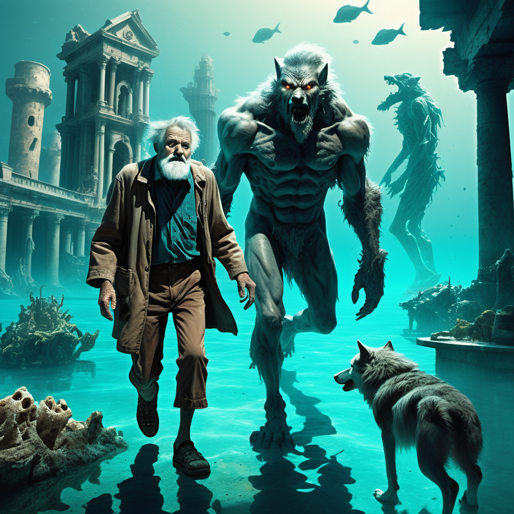  a kind Wolfman  walking side by with  a  frail sick lost old man.  In background the deep underwater city's  ruins of Atlantis