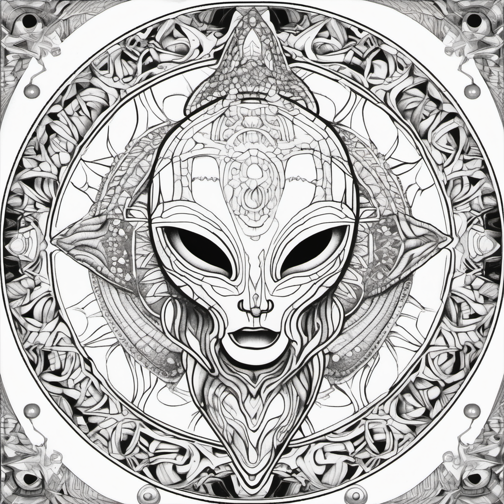 adult coloring book, black & white, clear lines, detailed, symmetrical mandala crystal alien entity