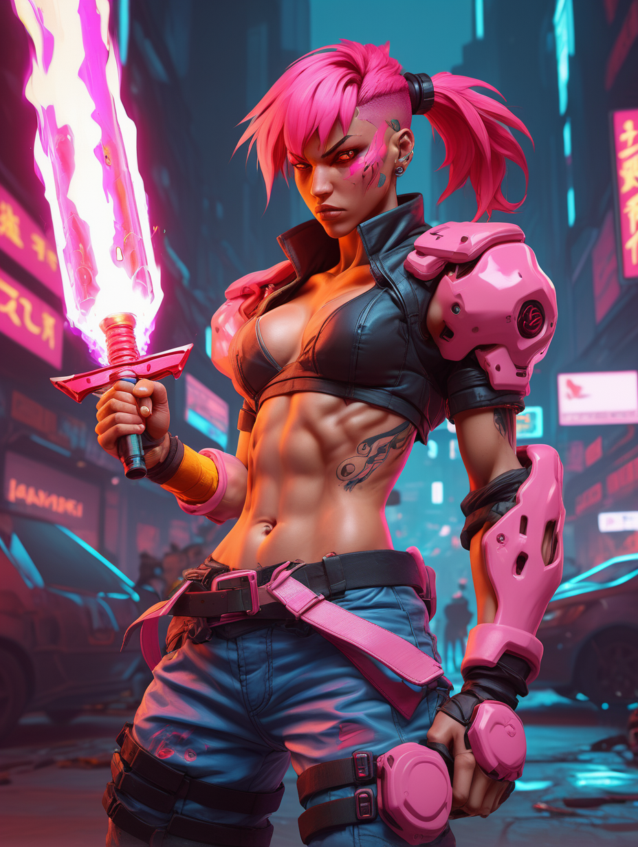 pink fire fist cyberpunk street fighter with a weapon