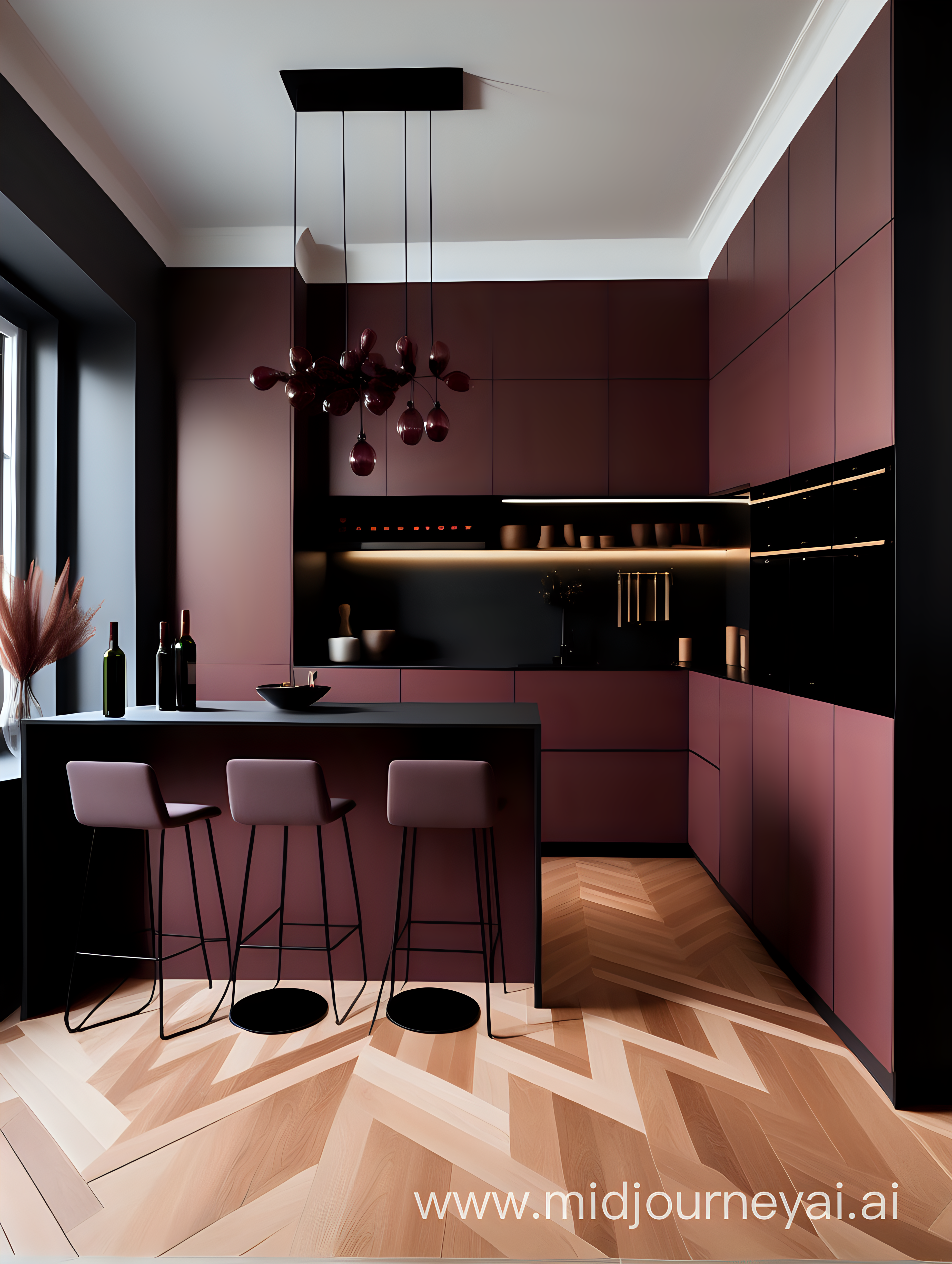 дизайн интерьера в стиле минимализм с кухней винного цвета, деревянным паркетом елочкой, и черным светильником
