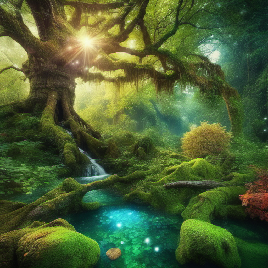a beautiful ancient enchanted magical lush colorful forest