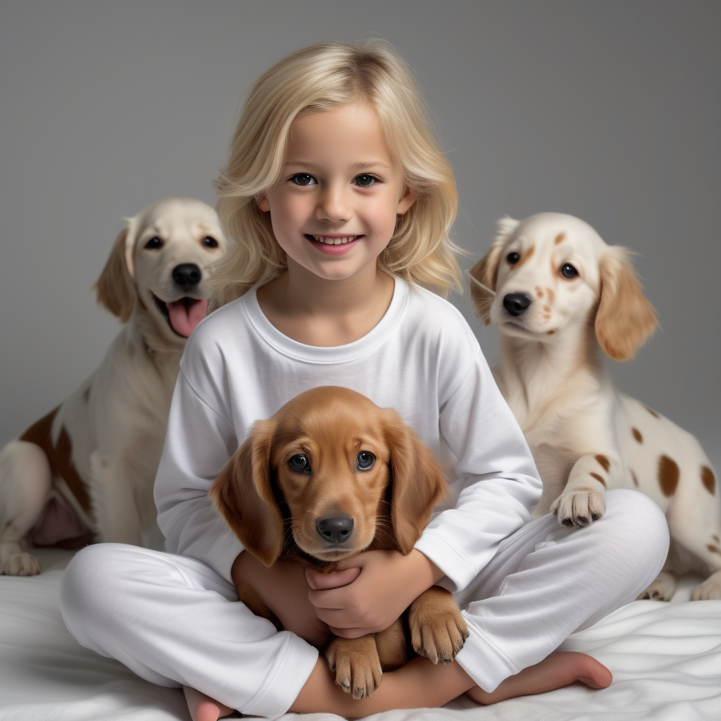 “Perfect Facial Features photo of a blonde 8 year old girl sitting in  white cotton tshirt pyjama with no print, long  tight cuff sleeves, loose long pants) ,surrounded by puppy's (weinerdog, dalmation, boomer, golden retreiver, poodle), no background, hyper realistic, ideal face template, HD, happy, Fujifilm X-T3, 1/1250sec at f/2.8, ISO 160, 84mm”