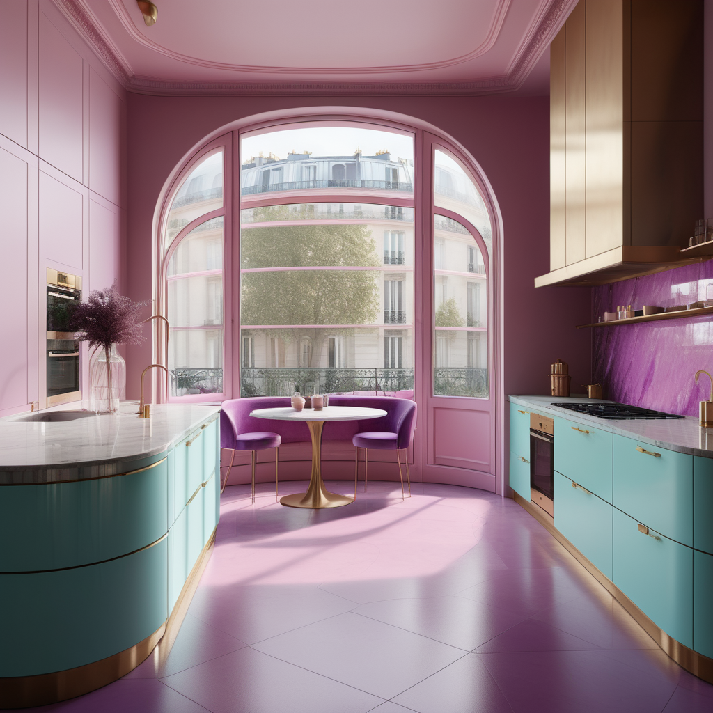 hyperrealistic image of modern Parisian kitchen, floor to ceiling windows, curves, pink, aqua, peurple and brass colour palette