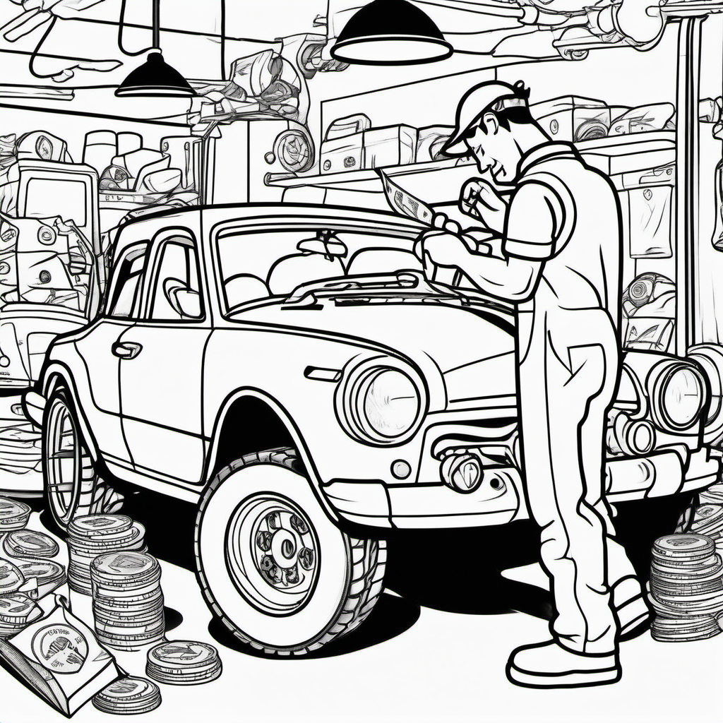 create an image without color for a kids' coloring book of a mechanic fixing a car with money in his pockets
