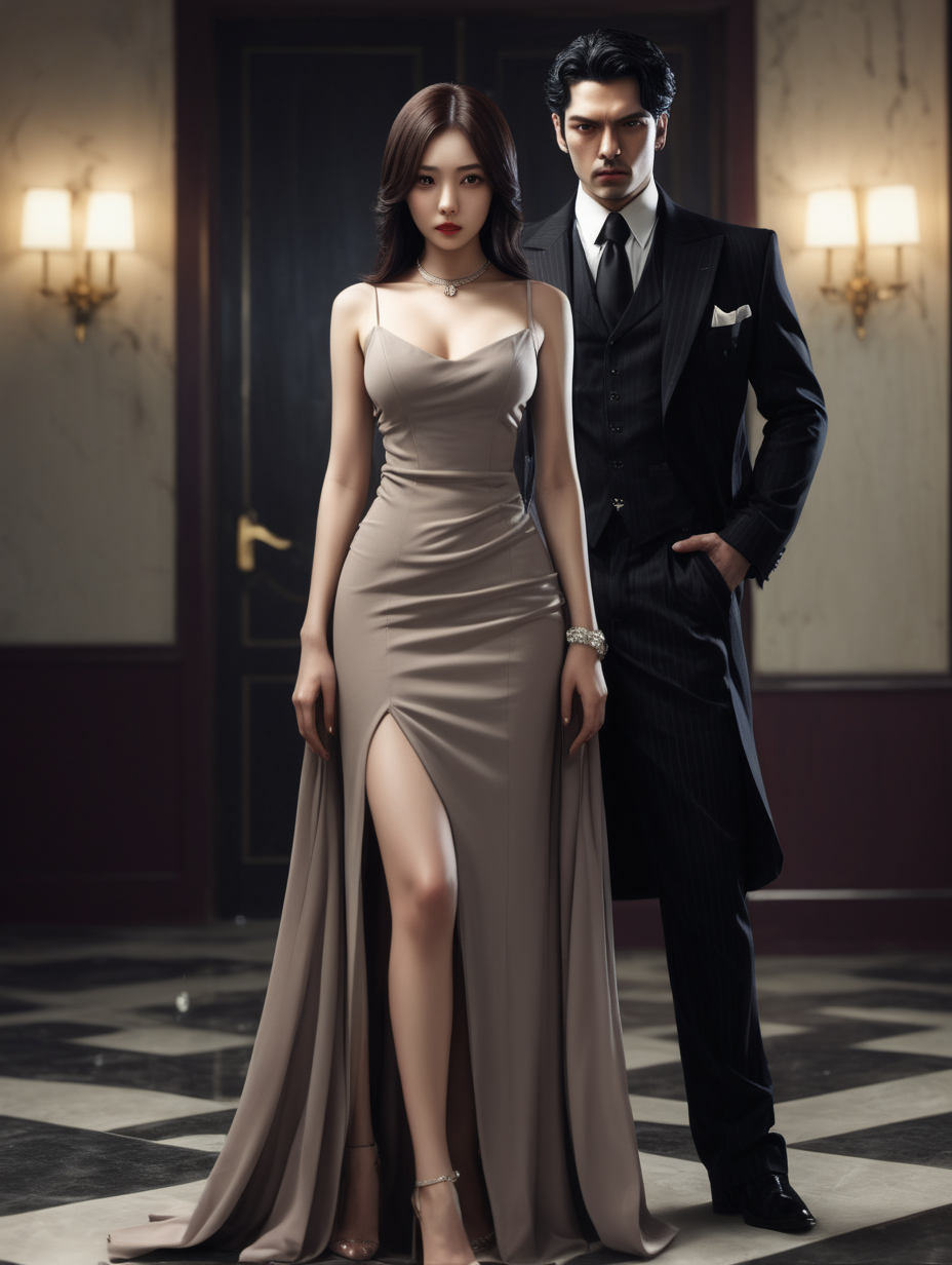 Male lead looking like mafia and a female lead beutiful looking in a decent long dress

