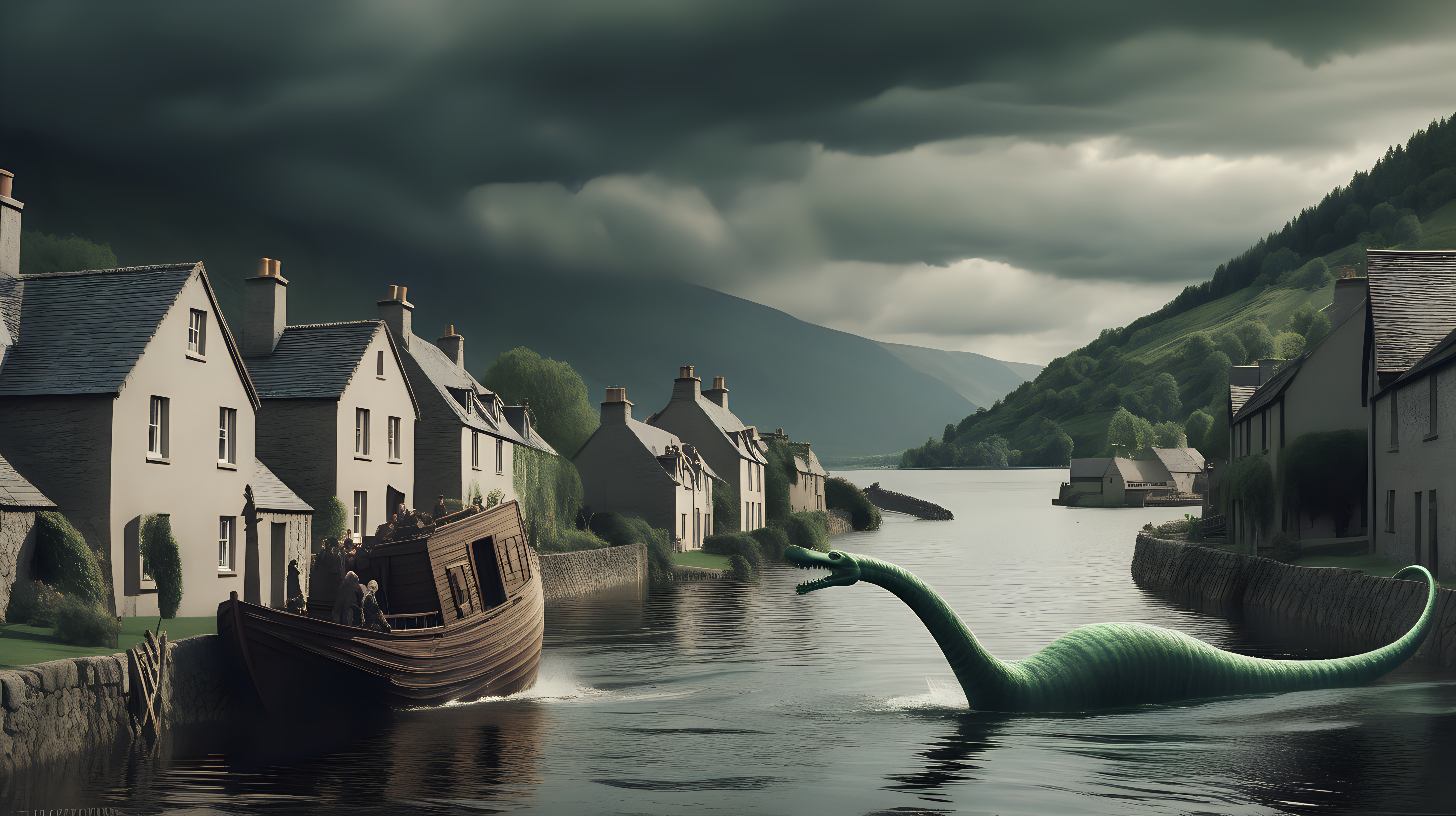 Loch Ness monster destroying an old village