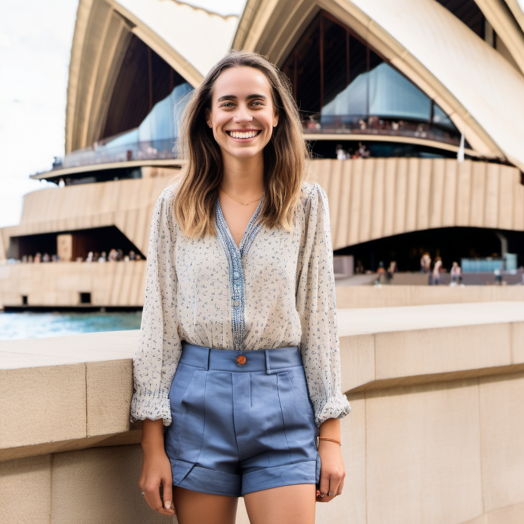 A smiling Emily Feld dressed is shorts and a blouse at Sydney's Opera House