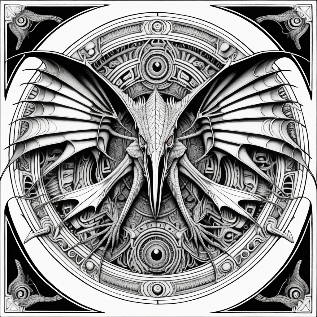 black & white, coloring page, high details, symmetrical mandala, strong lines, Pteranodon with many eyes in style of H.R Giger