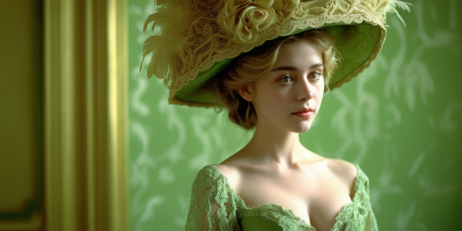 <lora:FilmVelvia3:0. 6>, masterpiece, best quality, 1girl, solo, sexy pose, pensive woman, intricate lace, feathered hat, curled hairdo, pale skin, minimal makeup, tender smile, dainty neckline, nostalgic atmosphere, still life, semi naked, cinematic shot, green golden dress