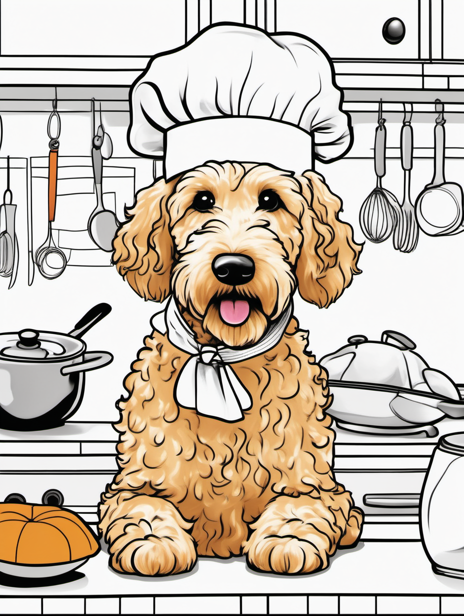 Cute female golden doodle in a whimsical kitchen