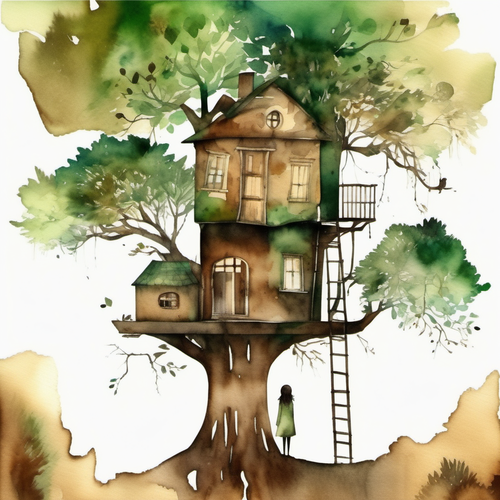 İncir ağacının üstünde kahverengi ve yeşil tonlarında eski orman, ağacın dallarında bir raf, çevresinde çatısız normal evler ve farklı ağaçlar var, ağaç evin önünde bir kız var, suluboya şeklinde illüstrasyon soyut grafik tasarım
