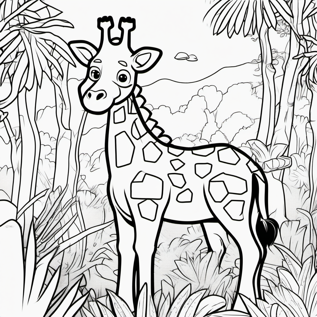 /Imagine colouring page for kids, Giraffe rex in a jungle, cartoon style, Thick Lines, low details, no shading --ar 9:11
