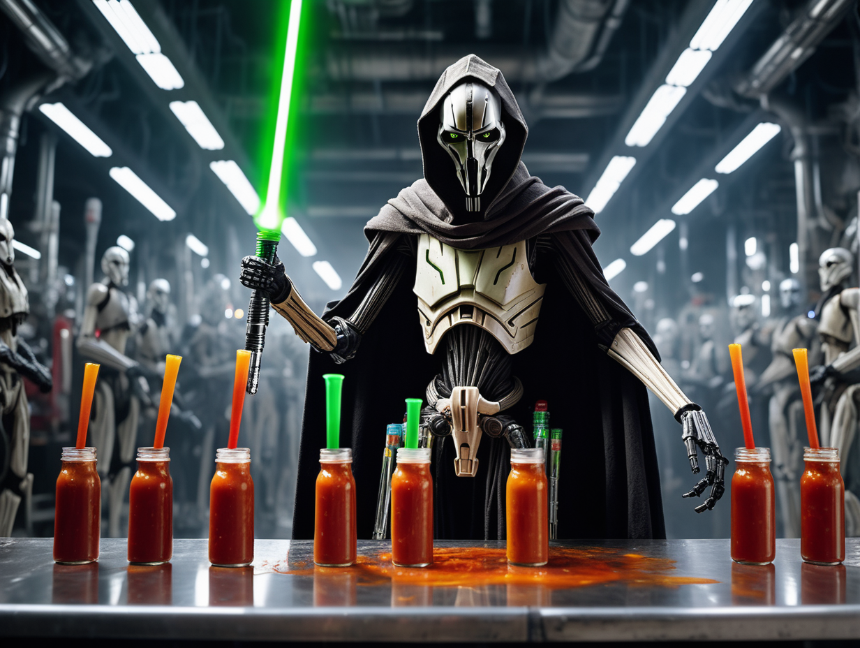 general Grievous with 4 lightsabers in cyberpunk hot sauce factory