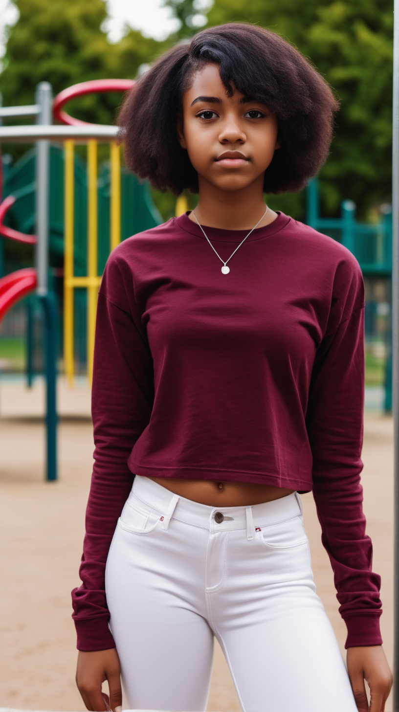 Pretty Black Teenage girl, with short black hair, wearing a burgundy, long sleeve t-shirt, wearing white jeggings,standing near a playground, 4k, high definition, 1080 p resolution