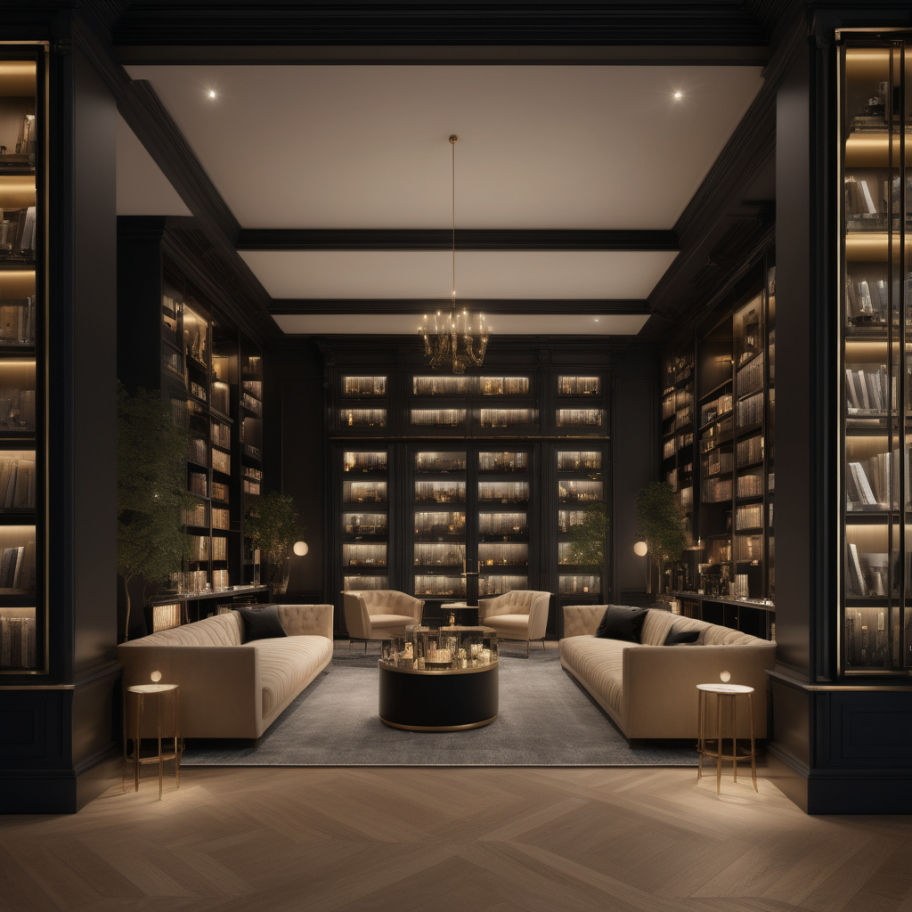 a hyperrealistic grand modern Parisian open plan library and Bar at night with mood lighting, floor to ceiling windows and doors opening to the patio,  in beige, oak, brass and black
