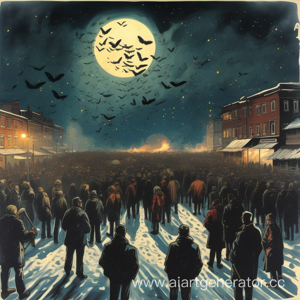 На фоне стоит хрущевка , темный , лунный вечер зимы , в небе ярко сияет луна а в кадр толпой летят толпы горящих мотыльков 
, а в далеке стоят панки с коктейлями молотова 
