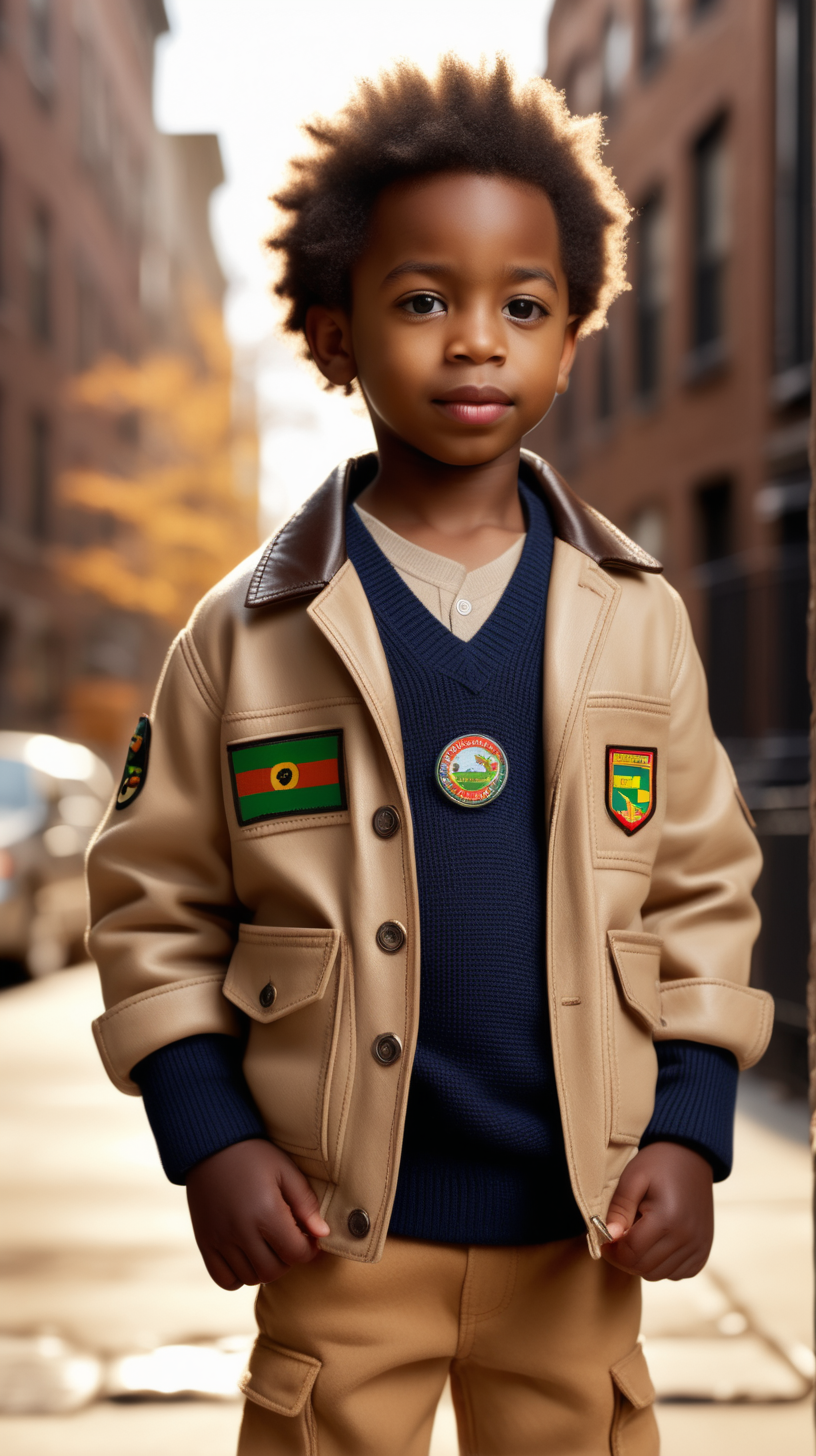A cute, young little black boy , wearing a Navy, leather safari jacket, with one African flag patch on the center back, Beige V Neck sweater, wearing Brown corduroys, standing in Brooklyn, holding a small, toy race car, 4k, realism, high definition clarity, brilliant early morning sunshine background