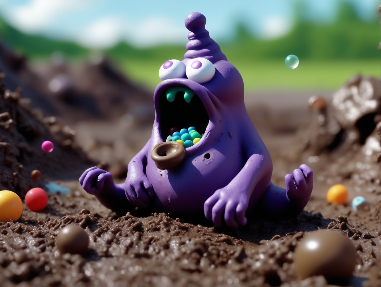 claymation style. Grimer muk. a living pile of disgusting poop blowing poop bubbles into a toy kazoo in the dump. made of sewage. made of feces. living dung.